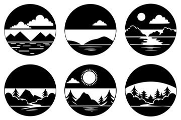 set of Sunset Landscape Silhouette Pack Isolated on White Background