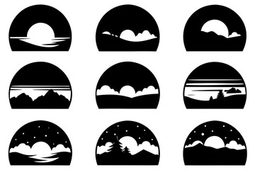 set of Sunset Landscape Silhouette Pack Isolated on White Background