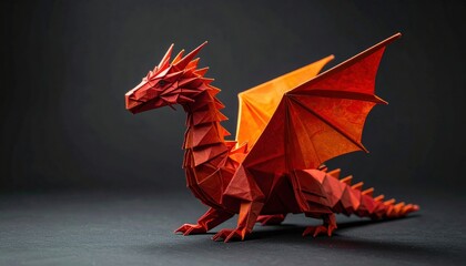 Stunning red origami dragon with vibrant orange wings, a symbol of mythical power and intricate artistry, perfect for fantasy themes.