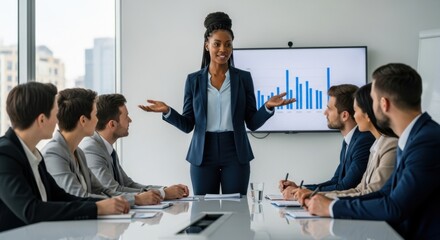 Confident african american businesswoman leading a corporate presentation. Diverse team at a meeting analyzing data charts. Concept of leadership, strategy and teamwork.