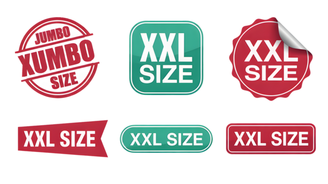 Bold XXL and Jumbo Size labels and badges create immediate visual impact for apparel and retail promotions, driving sales.