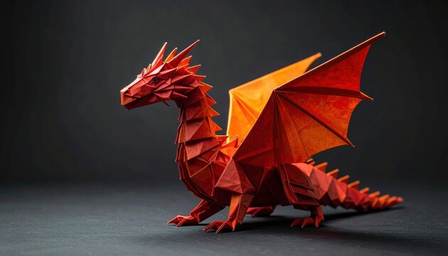 Stunning red origami dragon with vibrant orange wings, a symbol of mythical power and intricate artistry, perfect for fantasy themes.