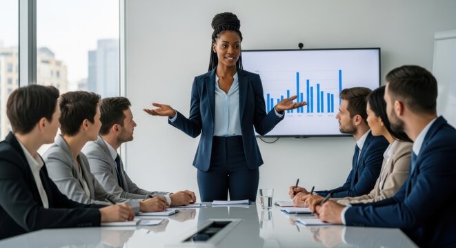 Confident african american businesswoman leading a corporate presentation. Diverse team at a meeting analyzing data charts. Concept of leadership, strategy and teamwork.