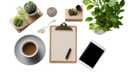 Workspace Still Life: A modern workspace comes to life, featuring a blend of business tools and organic elements, including a clipboard, digital tablet, coffee, and vibrant plants.