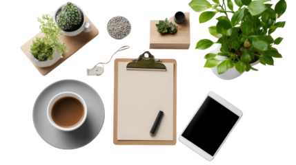 Workspace Still Life: A modern workspace comes to life, featuring a blend of business tools and organic elements, including a clipboard, digital tablet, coffee, and vibrant plants.