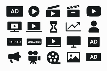 A set of icons representing various aspects of video advertising, content, and marketing. All icons are designed in black and white.