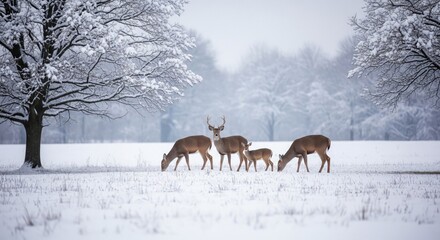 Family of Deer Foraging in Snowy Meadow Under Overcast Sky in Winter Landscape