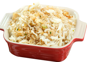 A delicious bowl of crab rice served in a red ceramic dish