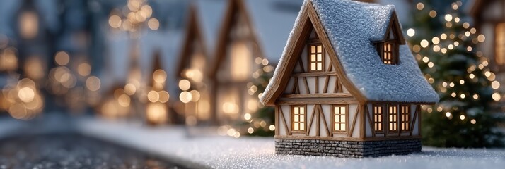 Cozy miniature house in a snowy winter village with warm glowing windows and festive bokeh lights.