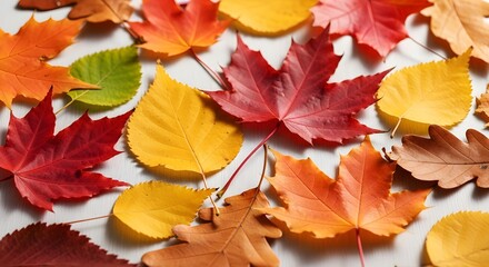Fototapeta premium Colorful Autumn Leaves Collection: Vibrant Red, Yellow, and Brown Fall Foliage Background
