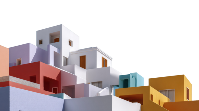 Colorful Cubist Cityscape: A vibrant, geometric arrangement of cubic structures in an array of bold colors, creating a visually stimulating architectural composition.