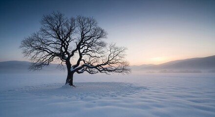 Bare Tree Standing in Snowy Field at Dusk with Pastel Sky in Winter