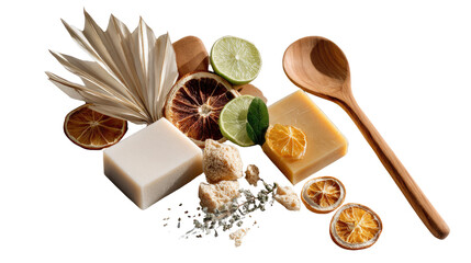 Artisan Soap and Natural Elements: A carefully curated composition of handmade soap bars, fresh citrus slices, wooden spoon.