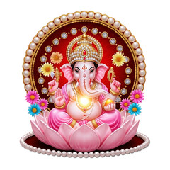 pearl pink color Hindu religion god Ganesh or Ganesha idol in pink lotus flower  for Hindu festival Ganesh Chathurthi, wedding, Hindu ceremony, invitation, cutout in transparent background, png format