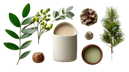 Nature's Palette: An enchanting arrangement features an array of natural elements including verdant sprigs, aromatic cones, and elegant ceramic vessels.