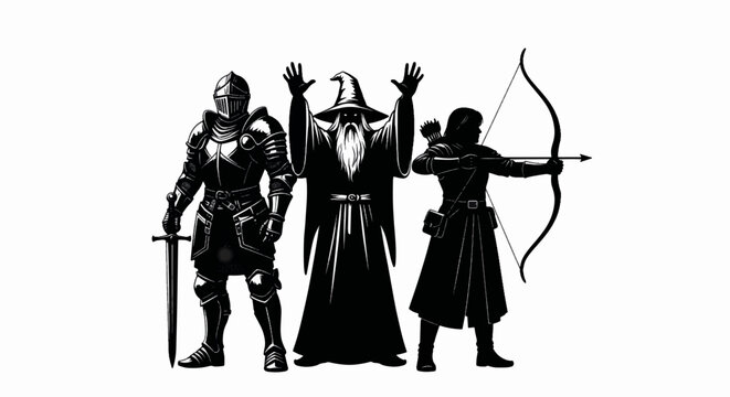 Fantasy adventure team with a knight, wizard, and archer. Black and white silhouette vector illustration. RPG character classes for a logo or emblem design