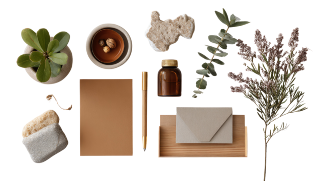 Eco-Friendly Still Life: An aesthetically pleasing composition of natural elements, highlighting sustainable practices, minimalist design, and an organic lifestyle.