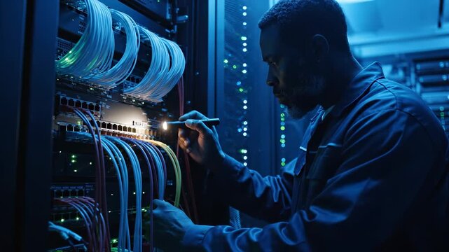 Man inspects server cable inside rack. Network maintenance and repair in progress. Tool and light used for data check. Wiring and connector arrangement around hardware. Label cabletie used secure.