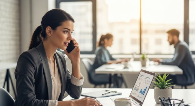 Successful businesswoman talking on smartphone and working on laptop in modern office. Manager analyzing financial data, charts and graphs for business strategy and market research.