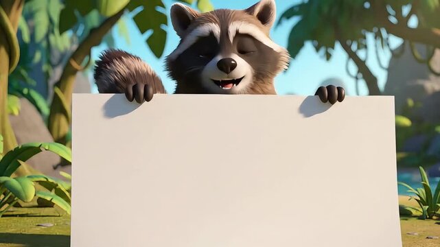 Cute Cartoon Raccoon Holding Blank Sign in Lush Jungle Environment.