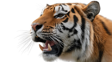 Roaring Tiger's Gaze: The fierce tiger, with its striking orange and black stripes, opens its mouth in a powerful roar. Its piercing gaze focuses on a singular point.
