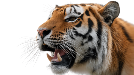 Roaring Tiger's Gaze: The fierce tiger, with its striking orange and black stripes, opens its mouth in a powerful roar. Its piercing gaze focuses on a singular point.