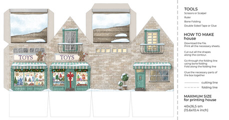 Kids craft winter paper house. Cut and glue cartoon 3D toy house. Building paper craft model. Printable template