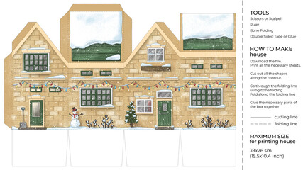 Kids craft winter paper house. Cut and glue cartoon 3D toy house. Building paper craft model. Printable template