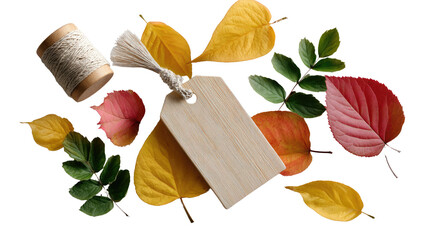 Autumnal Composition: A meticulously arranged assortment of seasonal elements like colorful foliage, a rustic tag, and a spool of twine that embodies the essence of the season. 