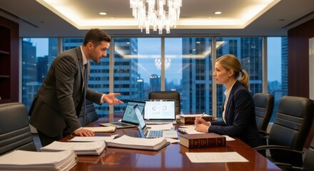Angry boss shouting at a female employee in a tense meeting. Workplace conflict, corporate pressure, disagreement. Gender inequality, mobbing at work, professional stress concept.
