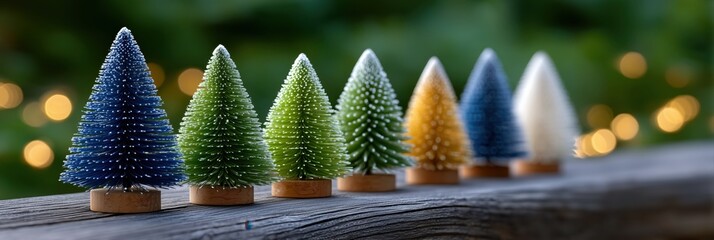 Row of colorful miniature bottle brush trees on a rustic wooden surface with warm bokeh lights