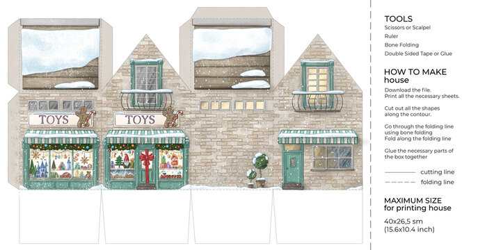 Kids craft winter paper house. Cut and glue cartoon 3D toy house. Building paper craft model. Printable template