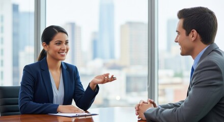 Job interview concept. Human resources manager meets with a potential employee. Businesswoman and man in a professional discussion in a modern corporate office with city background.