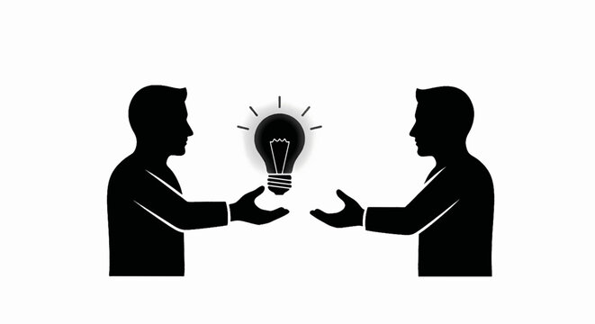 Two men sharing a lightbulb idea. Business collaboration and knowledge transfer concept. Minimalist silhouette vector illustration
