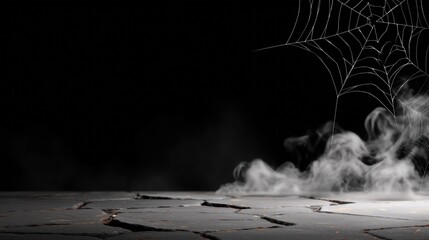 Spooky Halloween Background with Spider Web and Smoke on Cracked Stone Floor