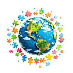Fototapeta premium 3D Globe with Colorful Puzzle Pieces Symbolizing Global Unity on White Background