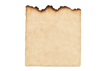 Old paper sheet displaying burnt and ripped edges, presenting an aged parchment texture effect on a transparent background