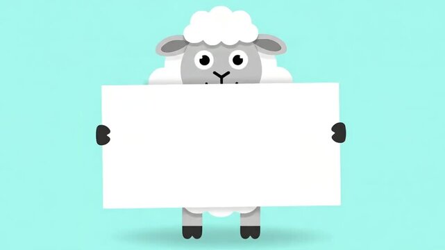 Cute Cartoon Sheep Holding Blank White Sign on Blue Background.