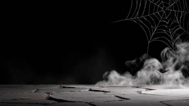 Spooky Halloween Background with Spider Web and Smoke on Cracked Stone Floor