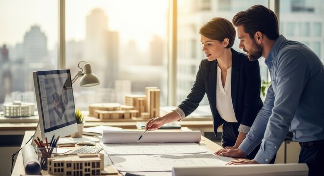 Two architects discussing a building project over blueprints in a modern office. A man and woman engineering team collaborating on architectural plans with 3D models. Teamwork.