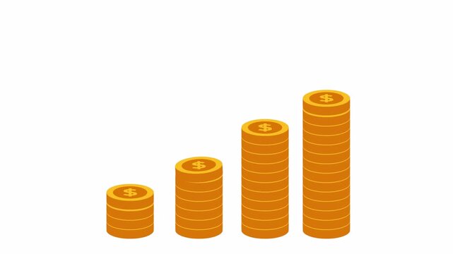Animated vector of gold coin stack growing on bar chart  on white background and transparent alpha. Ideal for finance, investment, and business concept.

