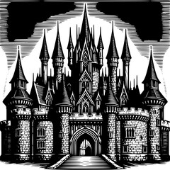 Gothic Castle Illustration: A majestic gothic castle rises against the sky, its intricate architecture and imposing presence symbolizing history and architectural grandeur.