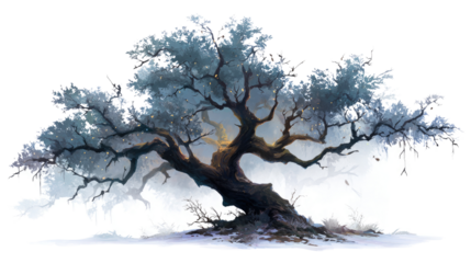 A silhouette of a tree in a cold winter landscape with snow and frost under a blue sky