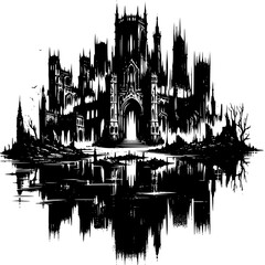 Naklejka premium Gothic Cathedral's Reflection: A majestic Gothic cathedral stands proudly, its intricate architecture mirrored in the still water below, exuding an aura of mystery and historical grandeur.