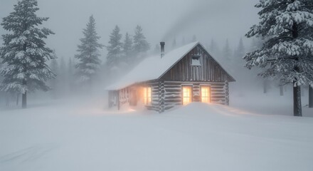 Cozy Cabin Glowing Amidst Snowy Forest During a Winter Blizzard in Northern Region