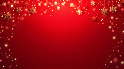 Luxury Red Christmas Background with Hanging Gold Snowflakes and Glitter Border