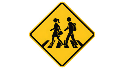 Bright yellow crossing sign featuring pedestrians for safety awareness campaigns, perfect for educational content and promoting road safety initiatives