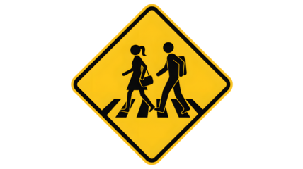 Bright yellow crossing sign featuring pedestrians for safety awareness campaigns, perfect for educational content and promoting road safety initiatives