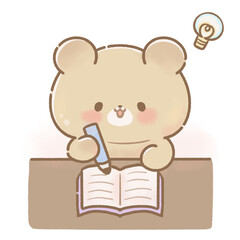 Cute Bear Studying Illustration, Kawaii Character with Notebook and Pencil, Transparent Background