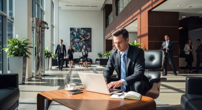 Professional business man working on laptop in modern corporate office lobby with natural light, suit and tie, coffee cup, notebook and smartphone on wooden table, colleagues walking in background